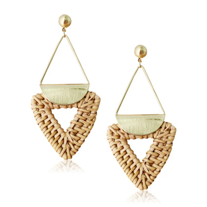 

Boho Bamboo Earring Geometric Fashion Handmade Wood Barid Pendent Stud Unique Women's Rattan Earrings Jewelry