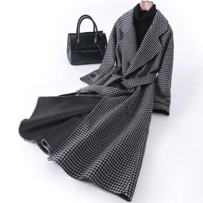 Women Slim Belt Turndown Collar Coats Fashion Vintage Plaid Wool Coat Ladies Korean Autumn Winter Warm Women's Outerwear X183