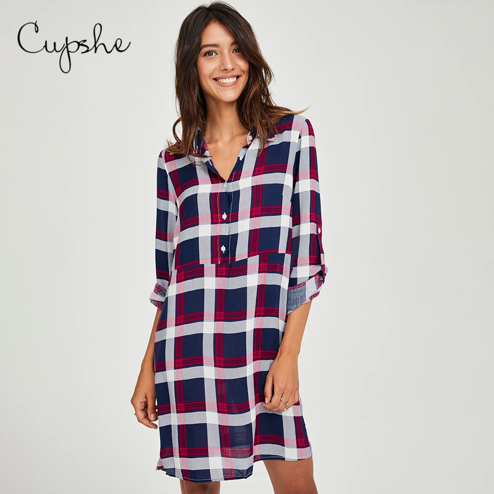 Клетчатое платье-рубашка CUPSHE на пуговицах женское повседневное свободное платье