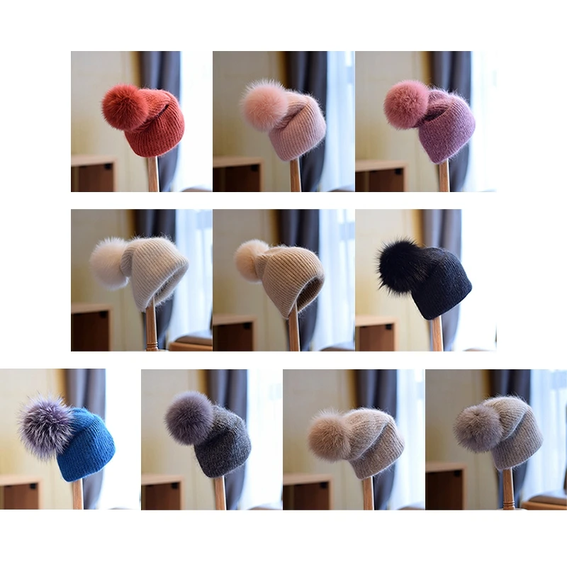 

Knitted Mink Fur Beanies Cap Mink Fur Hat Women Winter With Fox Fur Pom Poms New Thick Female Cap Hot Sale