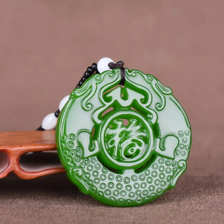 Китайский зеленый нефрит двусторонний полый резной дракон кулон ожерелье