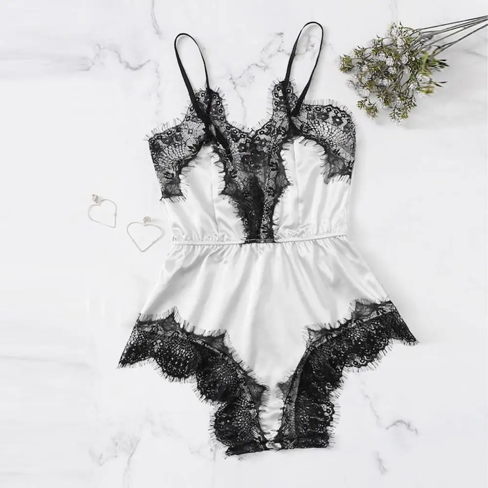

Women Sexy Lingerie Girl V-neck Lace Splice Bodysuit Sleepwear Babydoll combinaison pyjama Solid sleepwear Nightwear Chemises