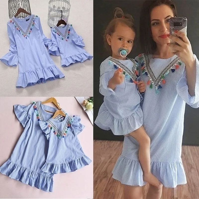 Платье-мини для матери и дочери в полоску с кисточками | Мать ребенок