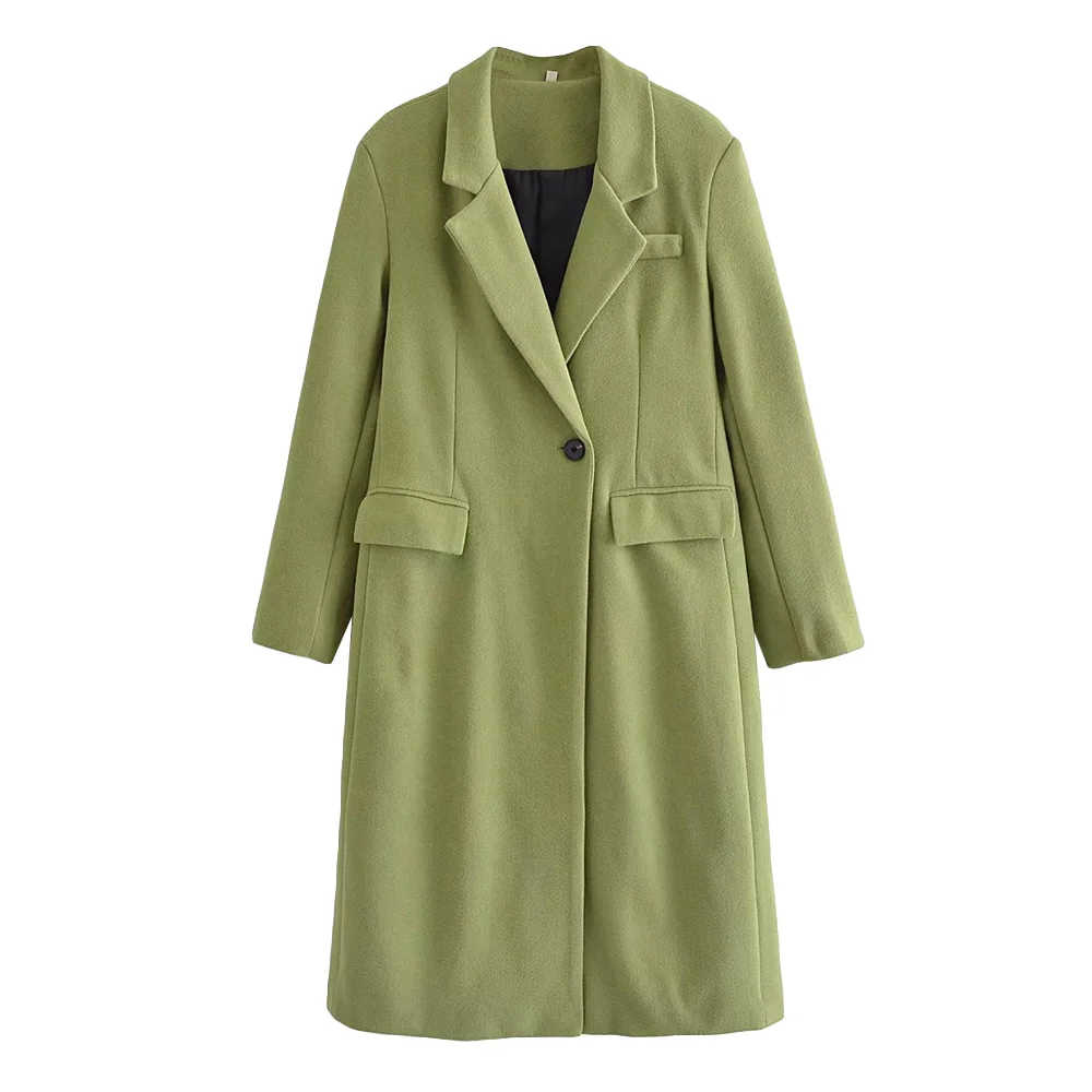 

Women Fashion Single Button Woolen Fitted Coat Vintage Long Sleeve Flap Pockets Female Outerwear Chic Overcoat