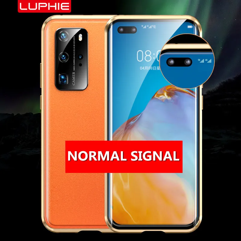 

For Huawei P40 Luxury Metal bumper Magnetic Front Tempered Glass Case For Huawei P40/Pro 5G Genuine Leather Back cover Flip Case