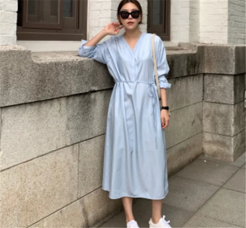 Женское богемное Платье макси с длинным рукавом синее повседневное тонкое