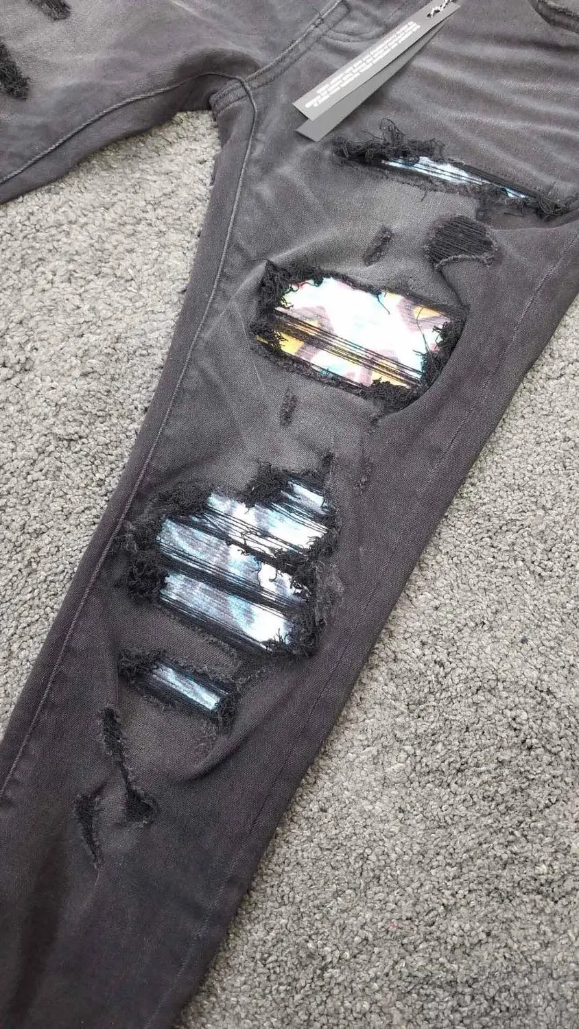 men art ribbed patch skinny distressed black jeans | Мужская одежда