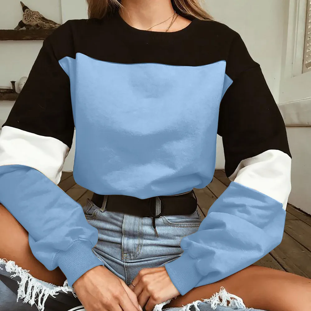 Blue Осенние женские короткие толстовки с длинным рукавом, Лоскутная Толстовка с круглым вырезом, пуловер, топы, блузка, пуловер, женские повседневные толстовки - Цвет: Blue