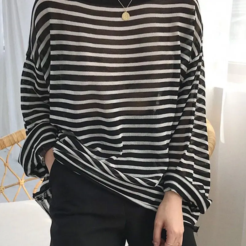 

Loose Striped Sunscreen Shirt Top Student Pullover Blouse Lazy Wind Ice Silk Sweater Women Summer Woman Long Sleeve Tshirts