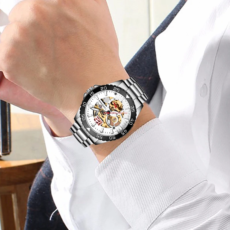 

Forsining Mens Watch Top Brand Luxury Automatic Mechanical Man Watch Stainless Steel Skeleton White Dial Waterproof Casual Clock