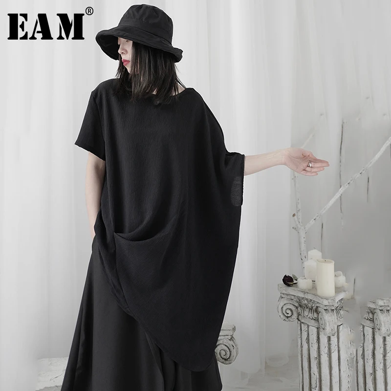 [EAM] Женская Черная длинная футболка Irreuglar большого размера новая модная с круглым