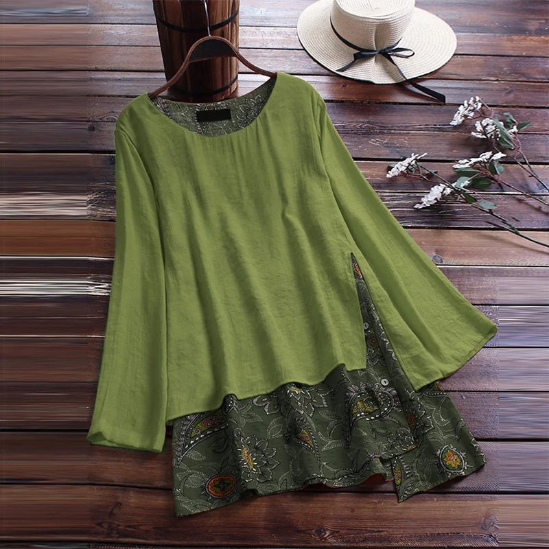 

New Arrival 2020 Spring Fake Two Pieces Women Shirt Yellow Split Hem Buttons Patchwork Vintage Womens Tops Plus Size Shirts Lady