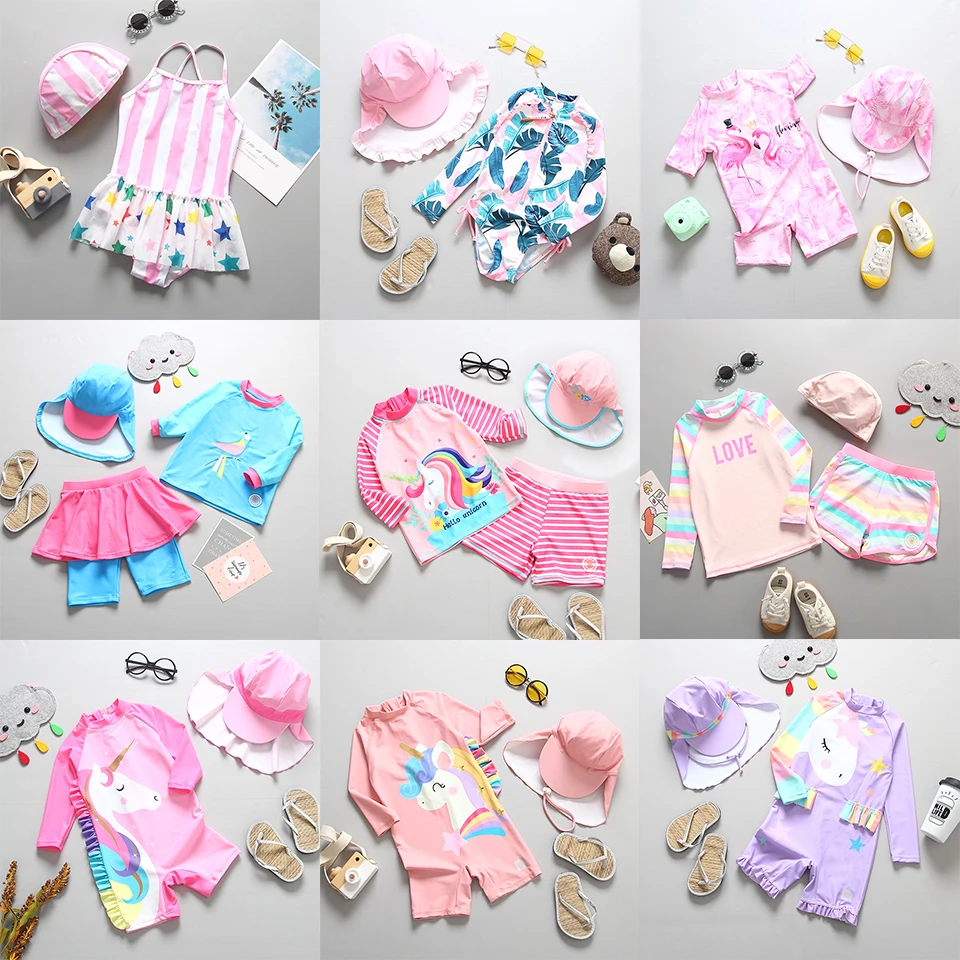 

Girls Bikini Flamingo Unicorn Print Baby Swimsuit Girl with Sun UV Protection 2020 Summer Beachwear Kids Children's Bathing Suit