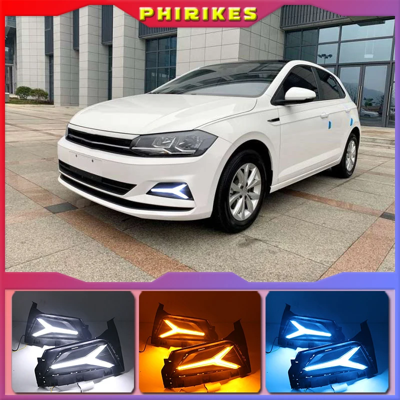 

Светодиодсветодиодный дневные хосветильник для Volkswagen Polo 2018 2019, 2 шт., динамический желтый сигнал поворота, 12 В, DRL, противотуманные фары, украшение