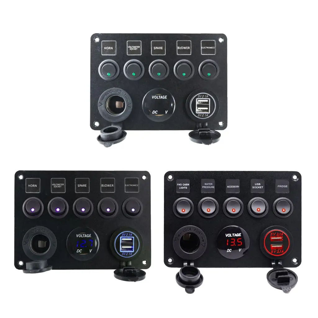 

5 Gang LED Rocker Switches Control Panel Circuit Charger Car Marine