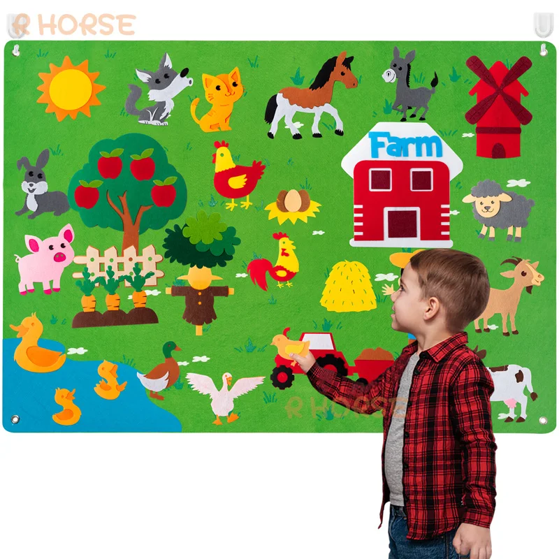 38Pcs/set Farm Animals Felt Story Board Farmhouse Storybook Wall Hanging Decor Early Learning Interactive Play Kit for Kids