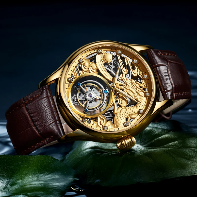 Часы DOM Tourbillon Мужские брендовые роскошные водонепроницаемые с кожаным скелетом