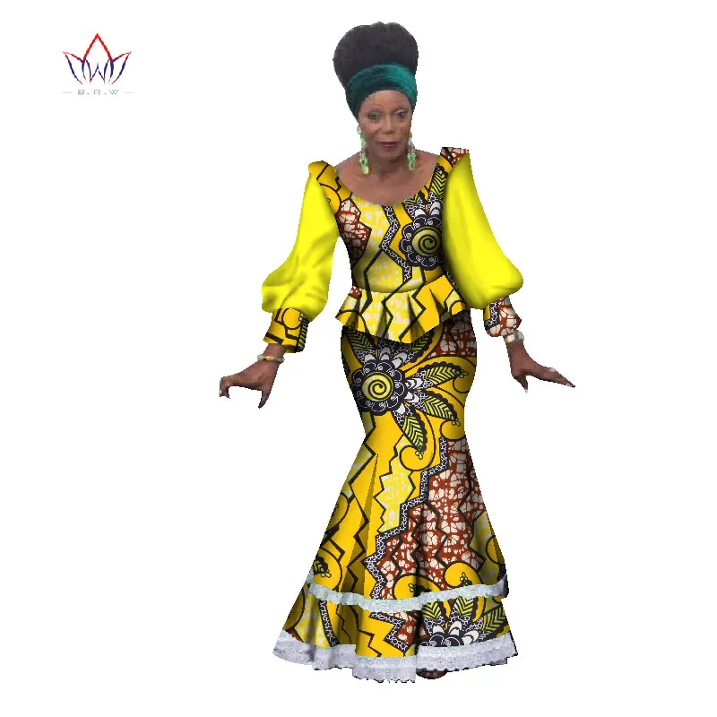 2020 Summer African Dashiki For Woman Top And Skirt Set O-neck Bazin Riche Full Sleeve Plus Size Evening Dress Naturl WY1153