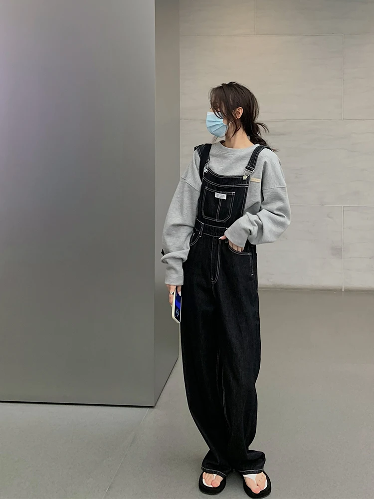 

[Super Model Denim Suspender Pants for Women] Korean Style Loose Youthful-Looking Small Slimming Wide-Leg Pants
