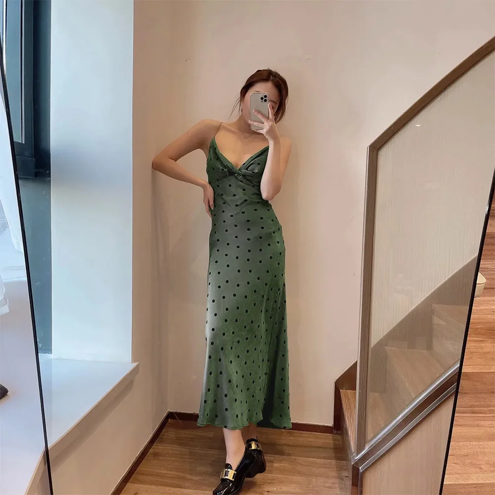

Chic Vintage Elegant V Neck Green Dot Bodycon Mid-calf Dress Camisole Cross Sling Sleeveless Wrap Vestido Feminino Summer 2021