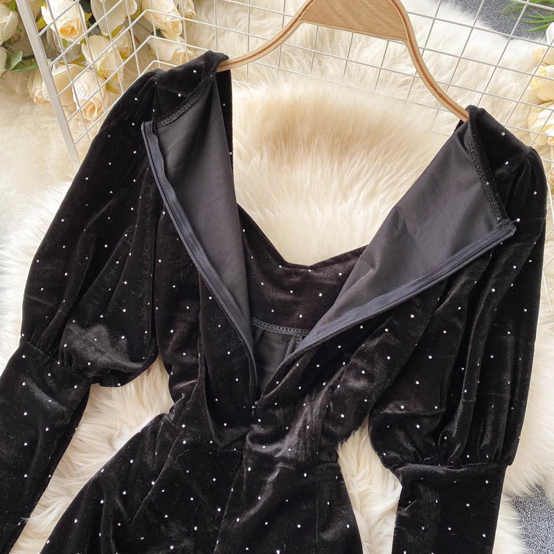 

Foamlina 2020 autumn and winter velvet dress women vintage v neck long puff sleeve buttons decoration slim party short dress