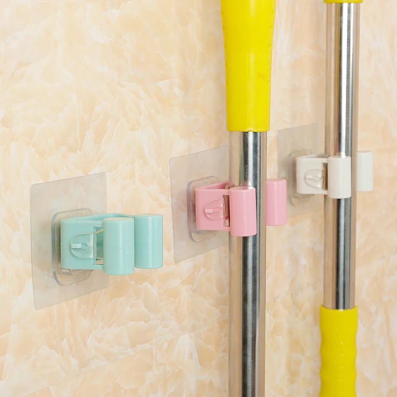 

1PC Self-Adhesive Wall Mounted Hooks Mop Holder Organizer Holder Bathroom Kitchen Multi-Purpose Multi-Color Hanging Strong Hooks
