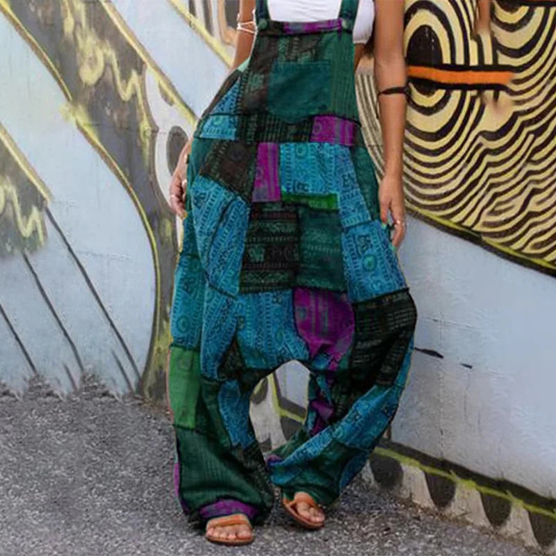 

2021 Summer Casual Sling Patchwork Sleeveless Wide Leg Loose Jumpsuit Women Vintage Backless Overalls Long Pants Loose Rompers