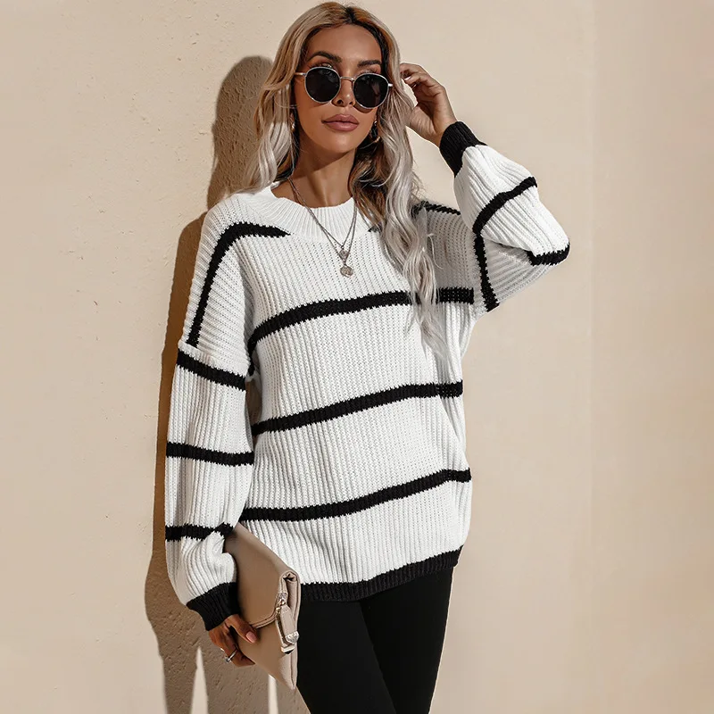 

Fashion Autumn And Winter New Pullover Knitted Sweater Women Long-sleeved Round Neck Loose Striped Blouse Jacket