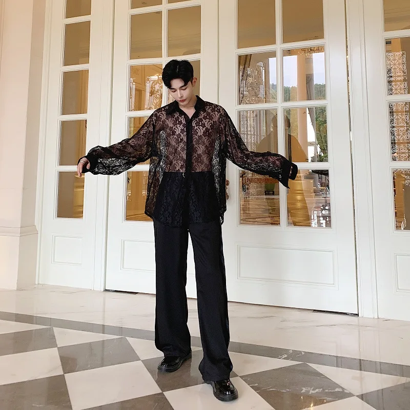 Мужская свободная повседневная рубашка из прозрачной органзы с вышивкой и