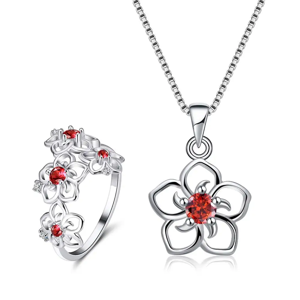 Red Zircon Effie queen 925 пробы серебряные ожерелья кольца Ювелирные наборы для женщин AAA цветок с Цирконом Форма вечерние Ювелирные наборы TSS24 - Цвет камня: Red Zircon