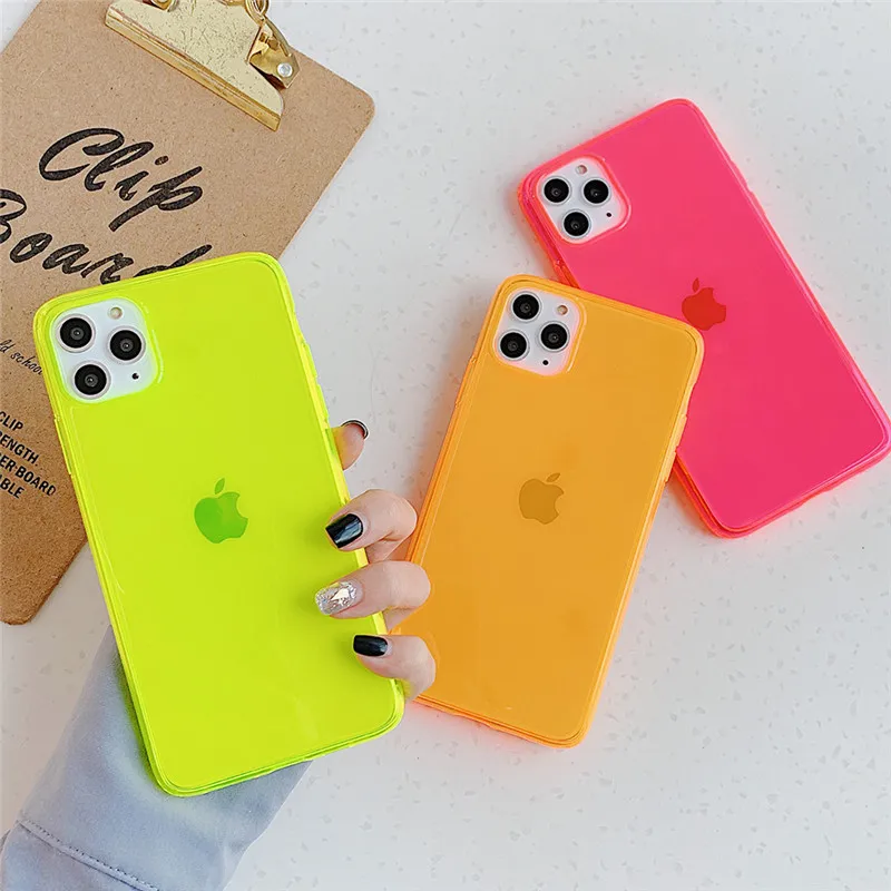 

ottwn Neon Fluorescent Color Phone Cover For iPhone SE 2020 11 Pro X XR XS Max 7 7Plus Soft Silicone TPU Back Case Fitted Cover