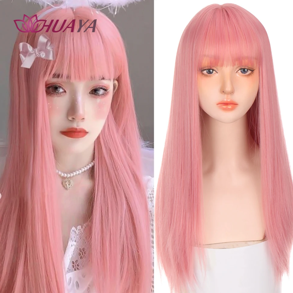 Синтетические парики HUAYA для косплея длинные прямые розовые волосы с челкой