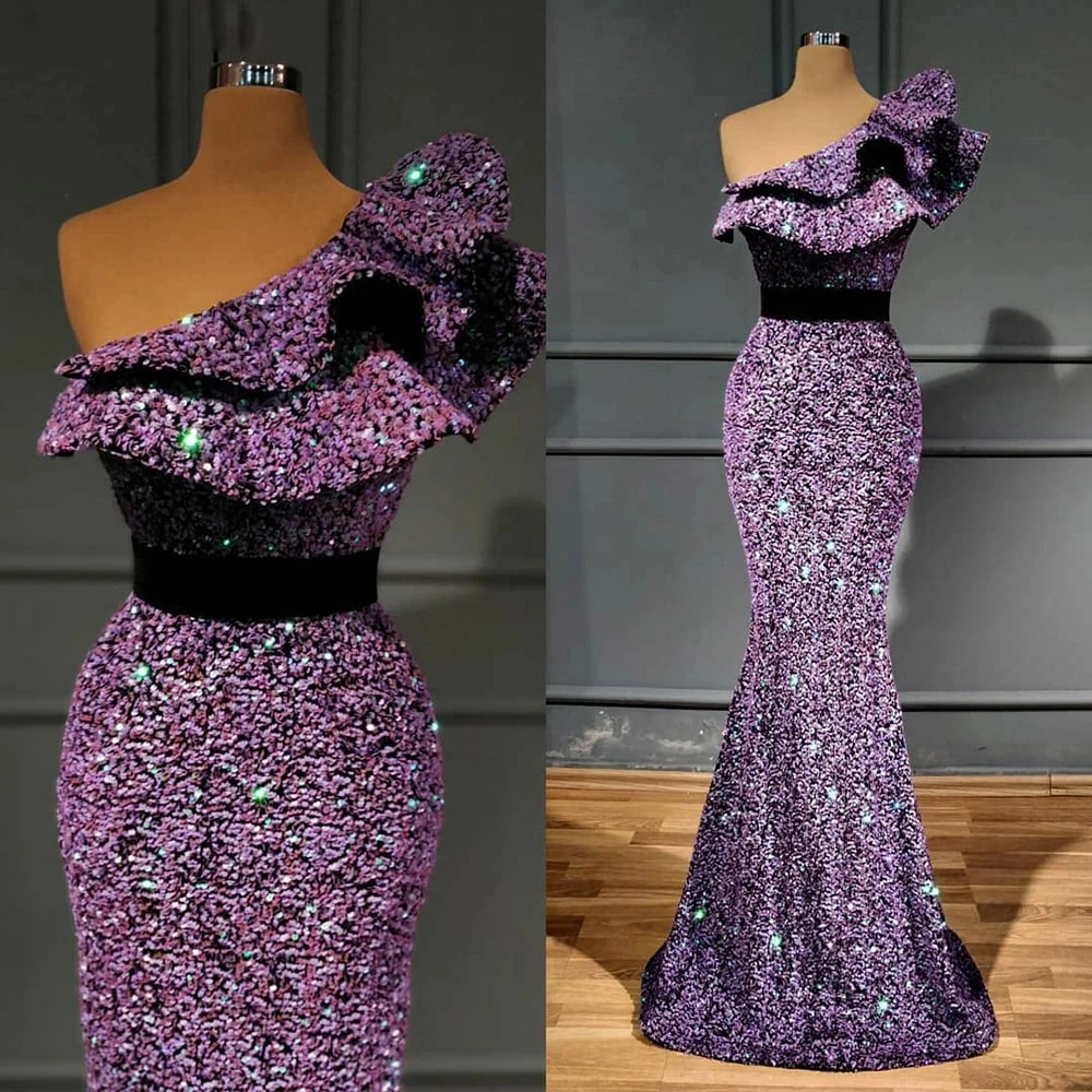 

Purple Plus Size Sequins Mermaid Prom Dresses Elegant One Shoulder Evening Gowns Custom Made Women Formal Dress
