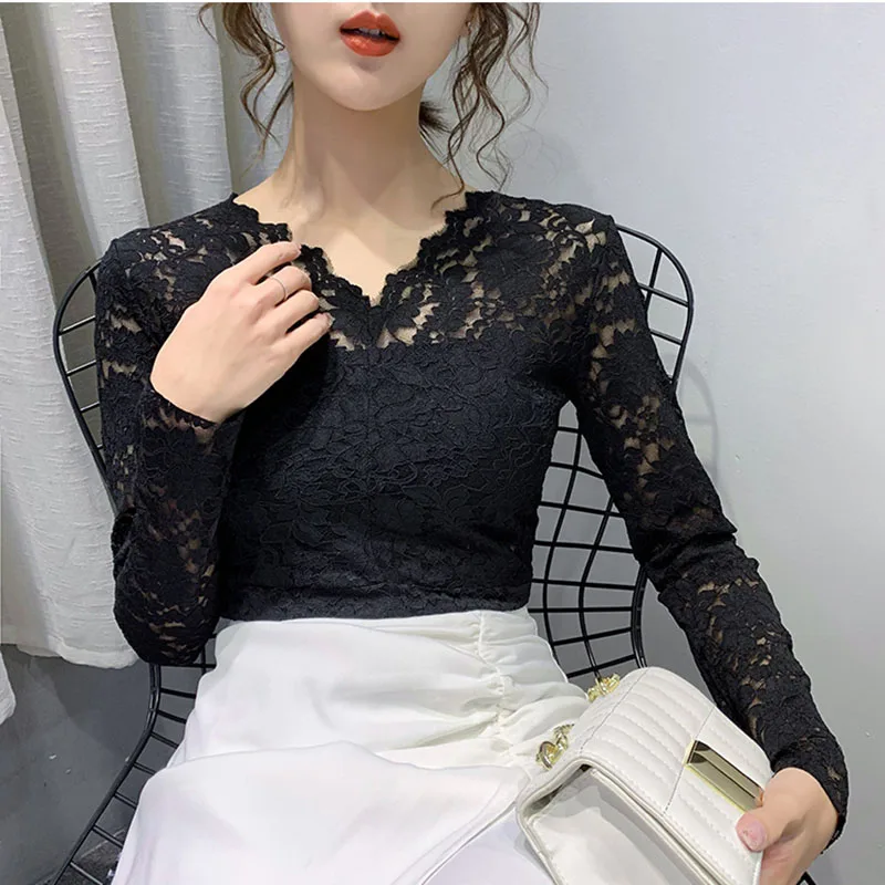 New V-Neck White Shirt Women Casual Long Sleeve Lace Blouse 2020 Hollow Out Autumn Tops Korean Style Clothes Womens Shirts | Женская