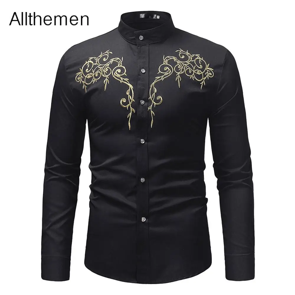

Allthemen Mens Embroidered Slim Fit Long Sleeve Shirts Men Banquet Button Down Shirt Plus Size Men Casual Stand Collar Shirts