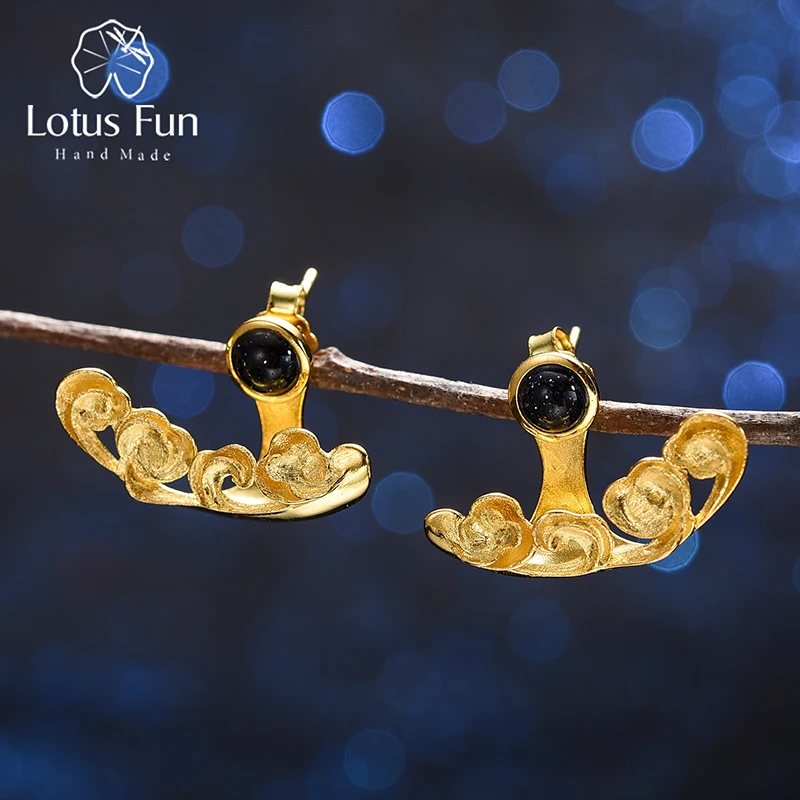 

Lotus Fun Starry and Waves Stud Earrings Real 925 Sterling Silver 18K Gold Earrings for Women Handmade Designer Fine Jewelry