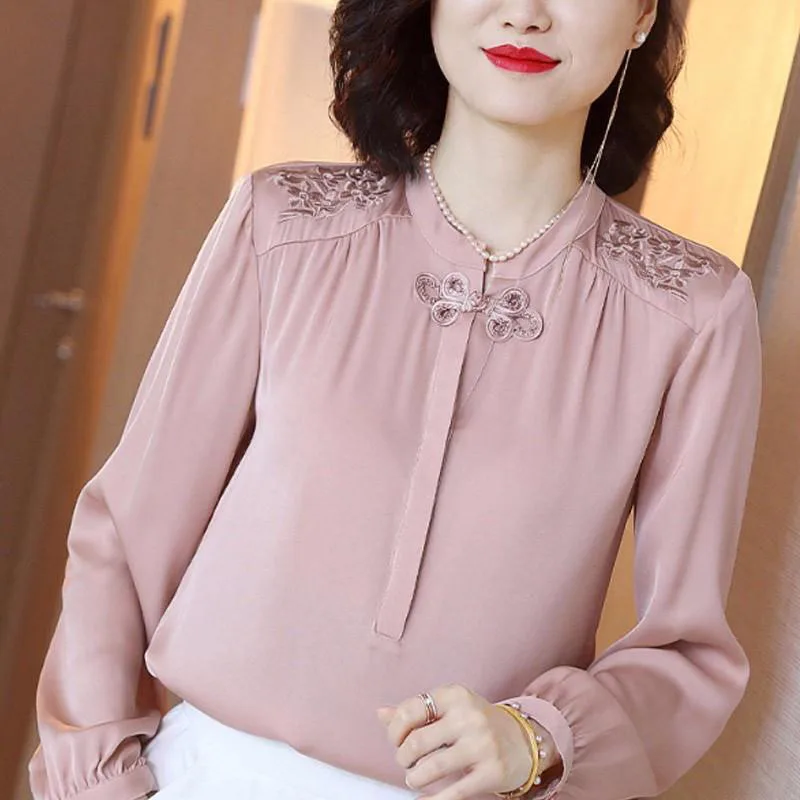 Spring Autumn 2021 Women Stand Collar Flower Printed Chiffon Blouses & Shirts Female New Casual Long Sleeve Blusas Tops
