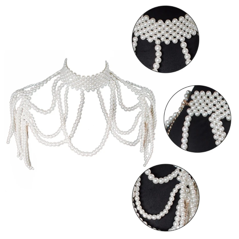 

Simulated Pearl Beads Body Necklace for Women Fake Collar Bib Jewelry Shoulder Chain Tassels Harness Choker Dickey
