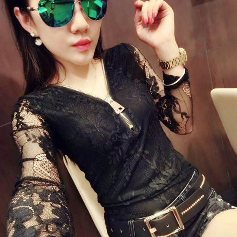 

New Womens Blouse Shirt Zipper V-neck Black Sexy Casual Long Sleeve Lace Blusas Under Shirts Elastic Tops and Blouses Women