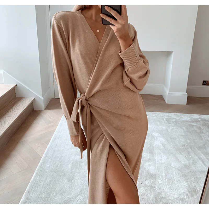 

Autumn new waist French solid color Bandage Dress Lady long skirt middle waist V-neck popular women's wear
