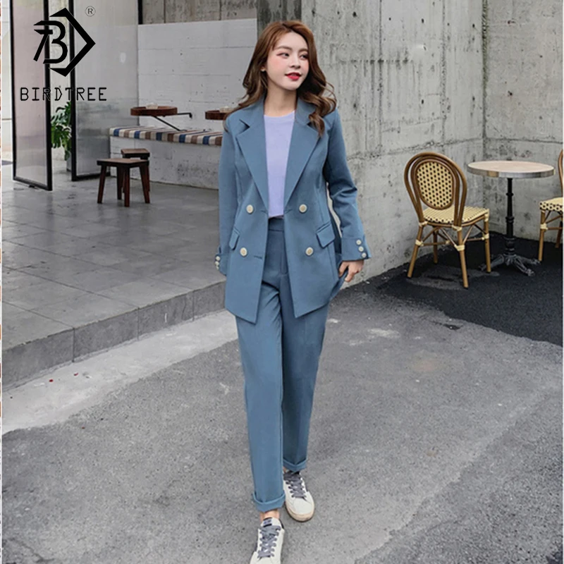 Женский офисный костюм с пиджаком однотонный двубортный пиджак отложным