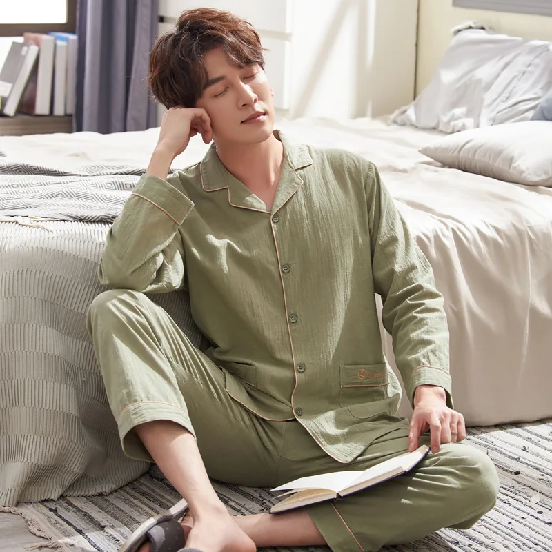 

Pajamas 2020 Autumn New Products Men Tatting Pure Cotton Solid Color Cardigan Suit Japanese Korean Home Wear