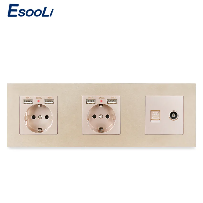 ESOOLI стандарт ЕС черная пластиковая панель двойная розетка с 4 USB зарядным портом +