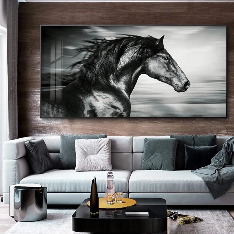 

Canvas ART Black White Horse Running Pictures Animal Posters and Prints Canvas Painting Wall Art for Living Room Decoration
