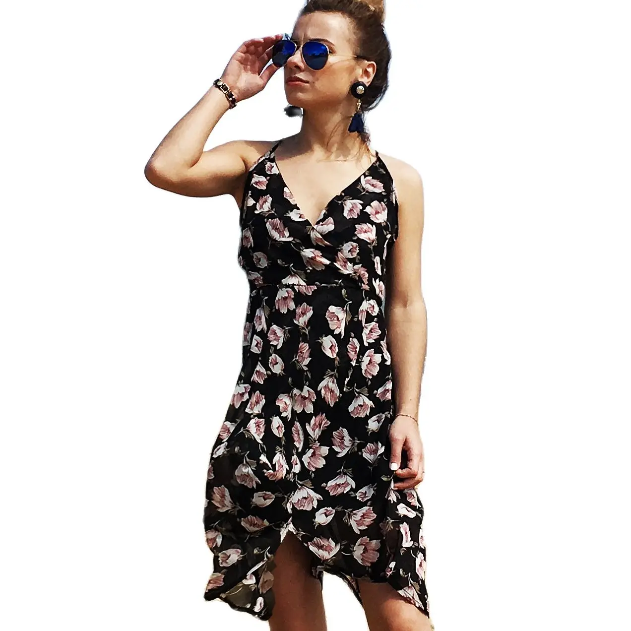 

2021 Suspender V-Neck Long Dress Printed Chiffon Backless Beach Skirt