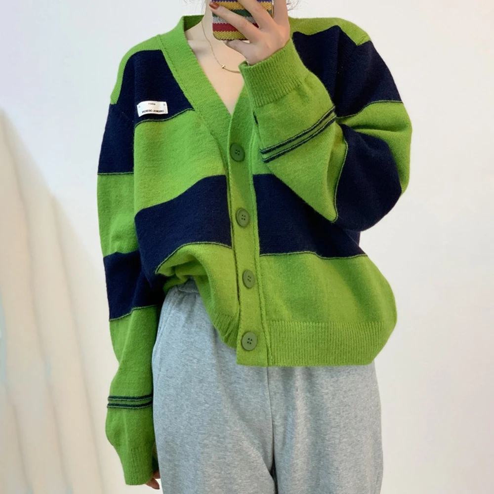 

Women's Sweater Casual Fashion Commuter Trend Style Long-sleeved Single-breasted Stitching Contrast Color Round Neck Cardigan