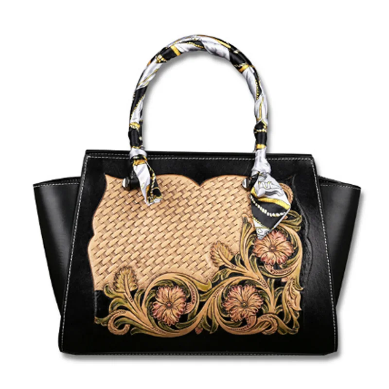

SUWERER 2019 New women genuine leather bag fashion Hand carved flowers top Luxury cowhide handbag women genuine leather handbags