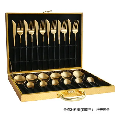 24pcs with giftbox Черный золотой набор столовых приборов 24 столовых приборов набор 18/10 из нержавеющей стали столовая вилка и нож белый золотой набор столовых приборов розовый с деревянной подарочной коробкой - Цвет: 24pcs with giftbox