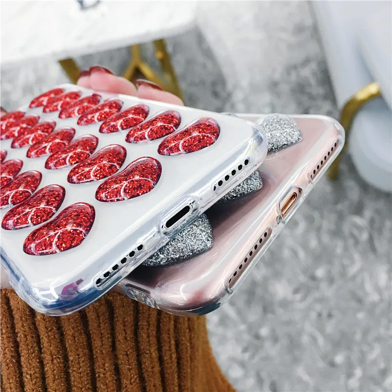 Модный сверкающий Блестящий силиконовый чехол с сердечками для iPhone 7 8 XR XS Max 6 6s Plus 5 SE задняя крышка 3D Love блестки мягкий чехол