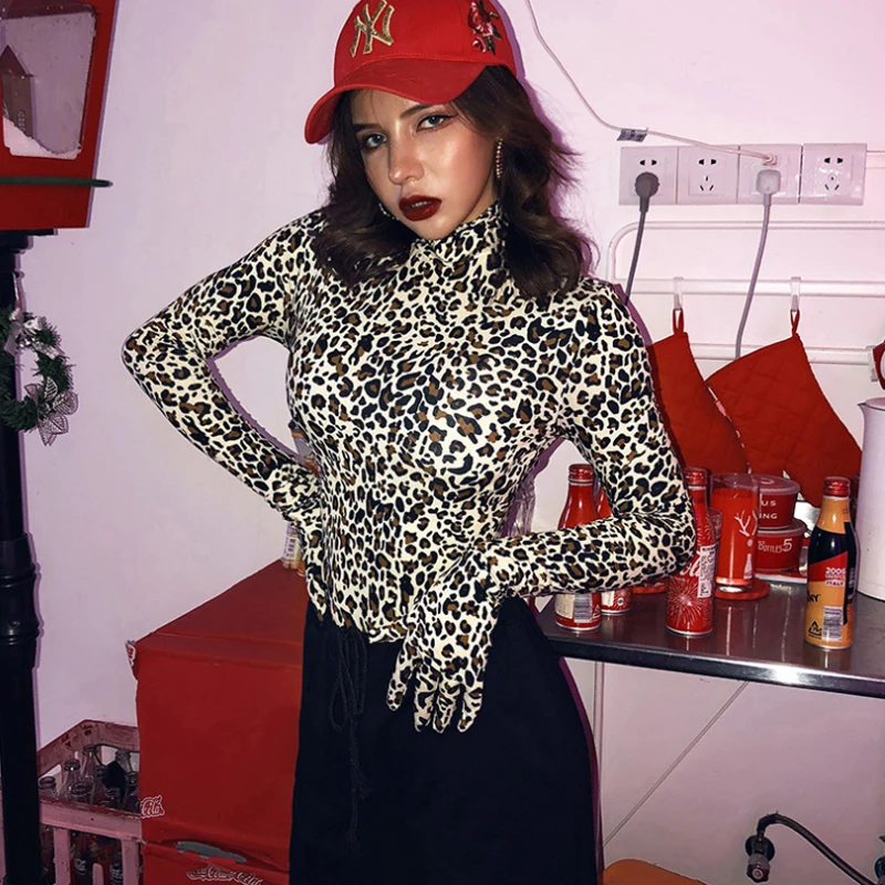 

Autumn new sexy temperament women's half-high collar long-sleeved bottoming top, leopard-print glove jumpsuit women